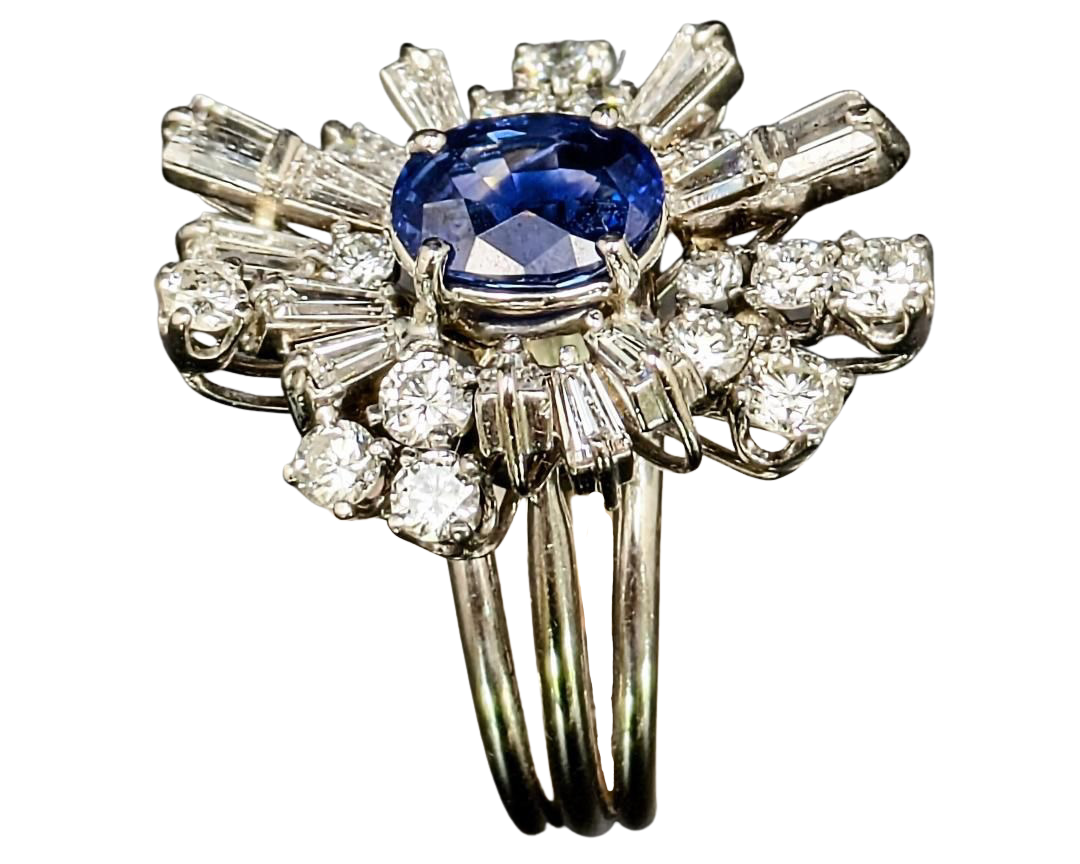 Mid-Century Sapphire and Diamond Ballerina Halo Ring - White Gold