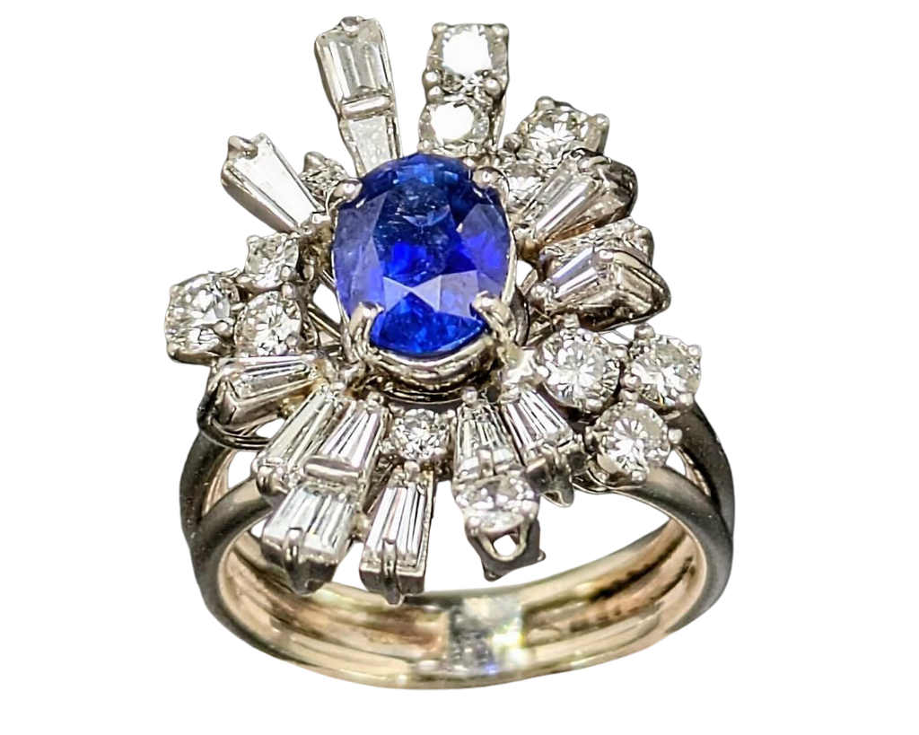 Mid-Century Sapphire and Diamond Ballerina Halo Ring - White Gold