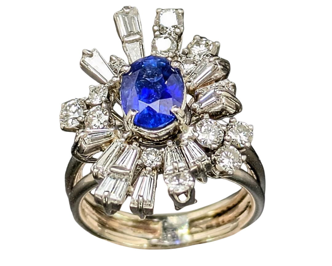 Mid-Century Sapphire and Diamond Ballerina Halo Ring - White Gold