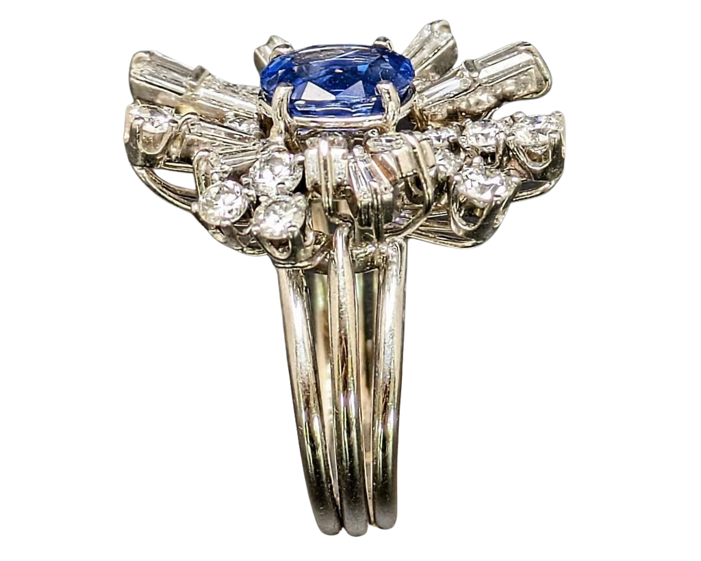 Mid-Century Sapphire and Diamond Ballerina Halo Ring - White Gold