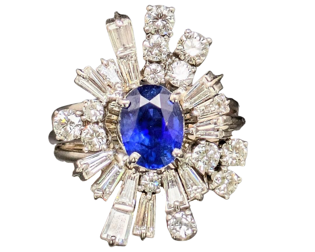 Mid-Century Sapphire and Diamond Ballerina Halo Ring - White Gold