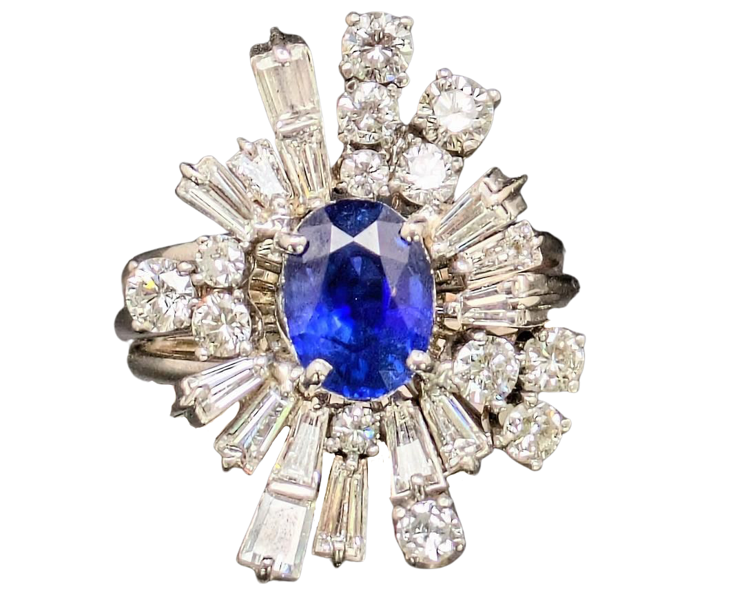 Mid-Century Sapphire and Diamond Ballerina Halo Ring - White Gold