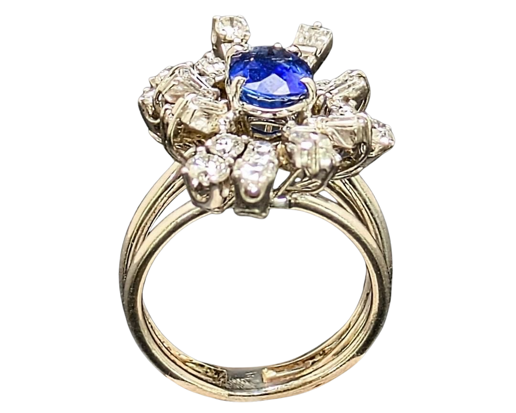 Mid-Century Sapphire and Diamond Ballerina Halo Ring - White Gold