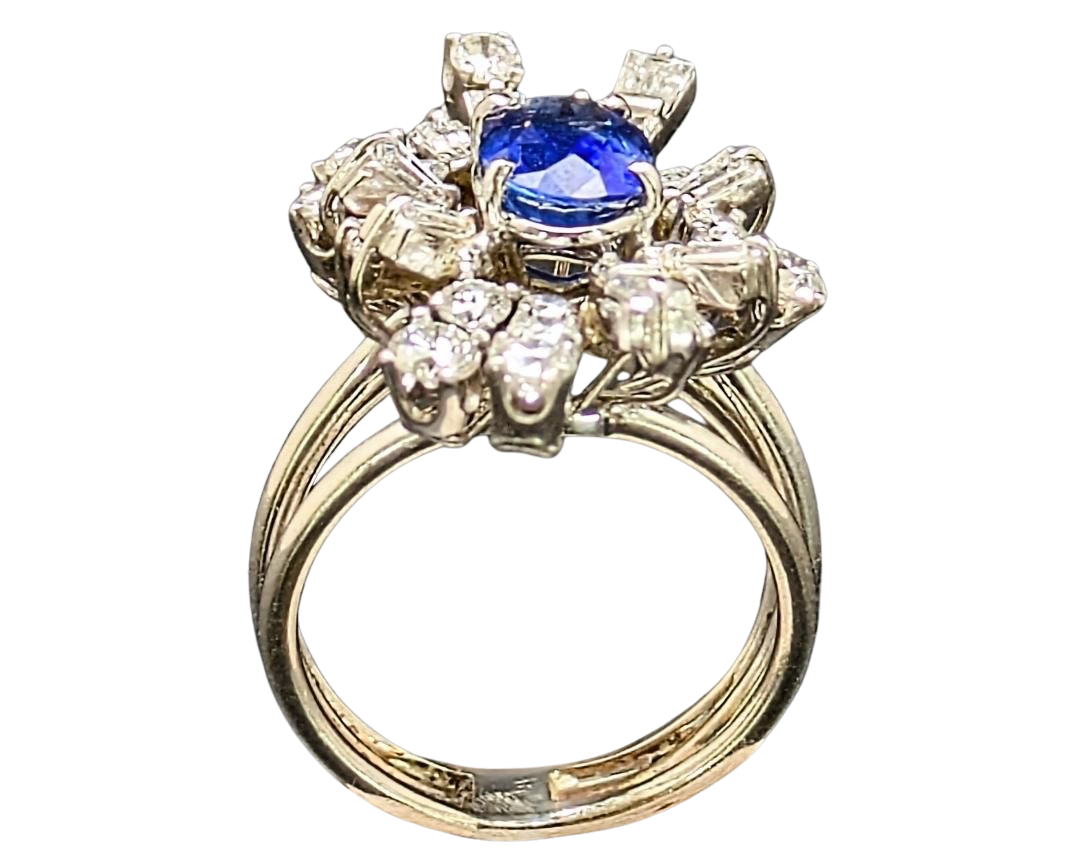 Mid-Century Sapphire and Diamond Ballerina Halo Ring - White Gold
