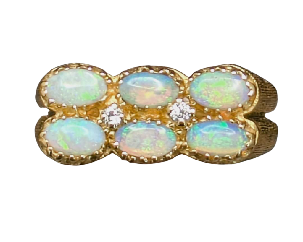 Double Row Six Opal Ring with Diamond Accents - Yellow Gold