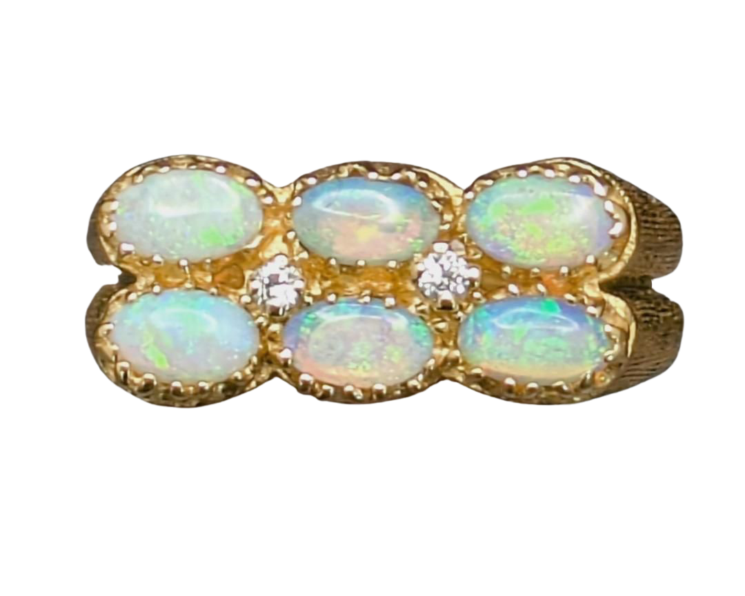 Double Row Six Opal Ring with Diamond Accents - Yellow Gold