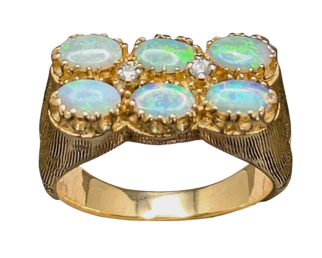 Double Row Six Opal Ring with Diamond Accents - Yellow Gold