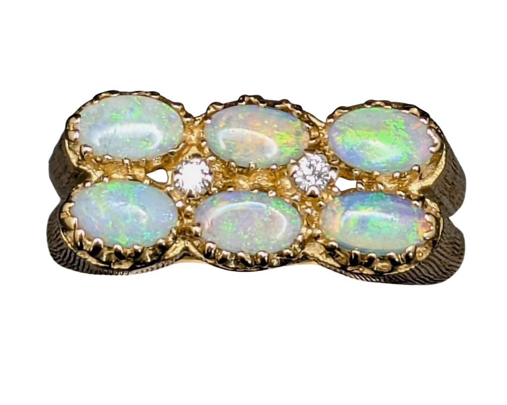 Double Row Six Opal Ring with Diamond Accents - Yellow Gold