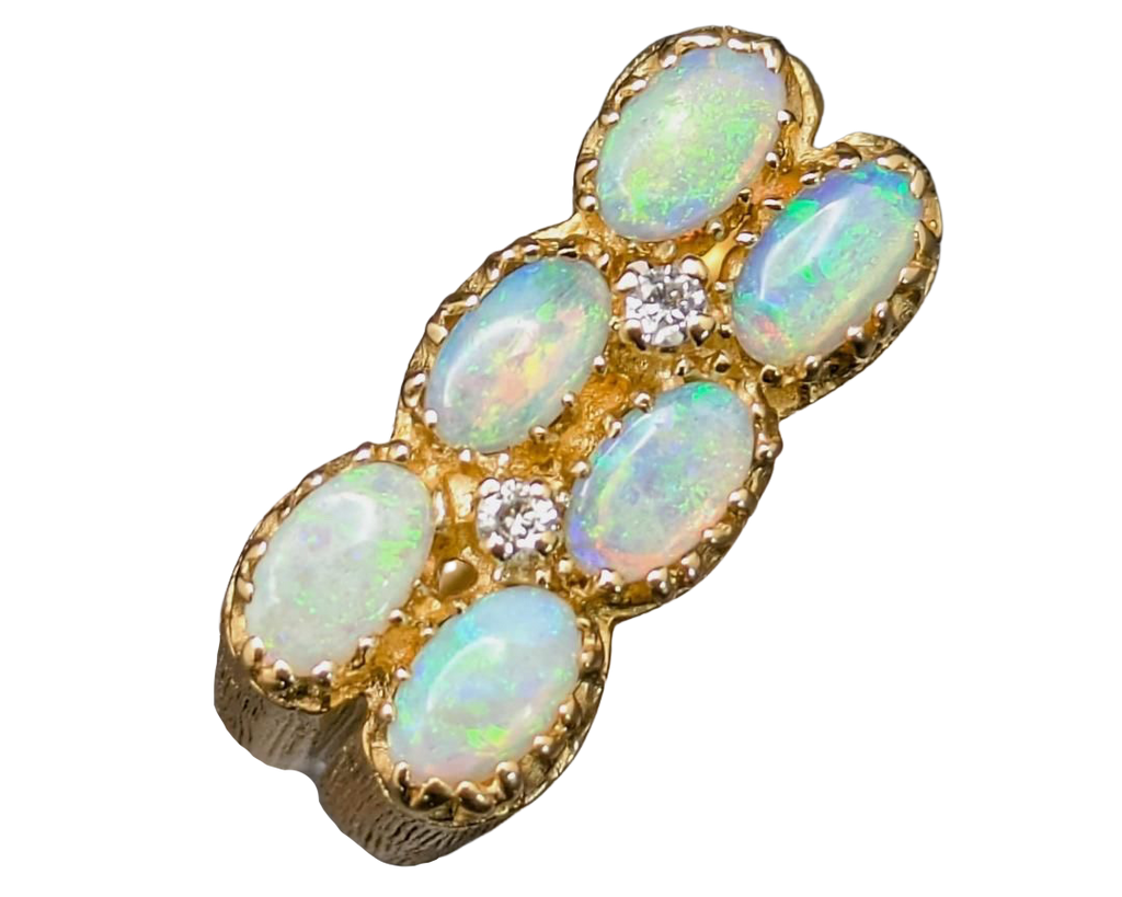 Double Row Six Opal Ring with Diamond Accents - Yellow Gold