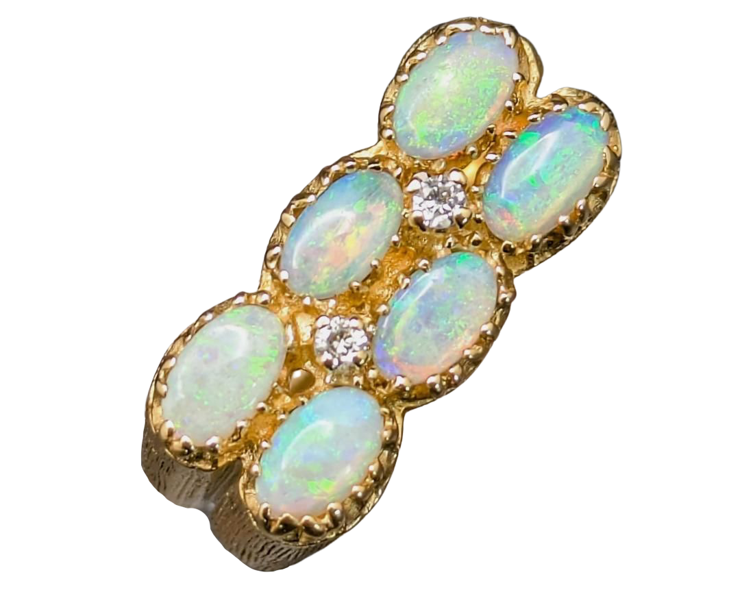 Double Row Six Opal Ring with Diamond Accents - Yellow Gold