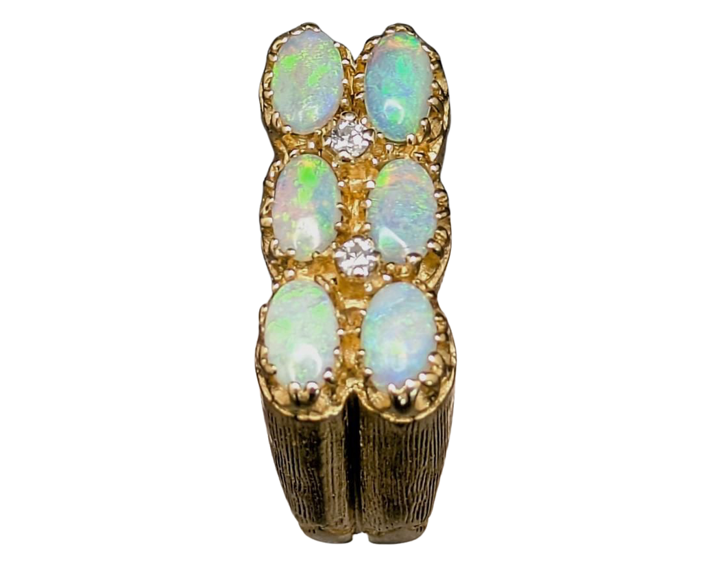 Double Row Six Opal Ring with Diamond Accents - Yellow Gold
