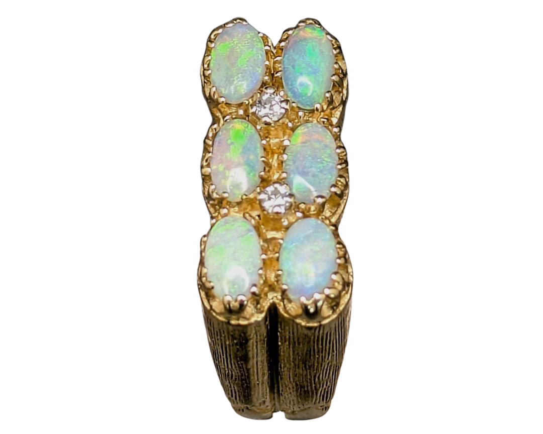 Double Row Six Opal Ring with Diamond Accents - Yellow Gold
