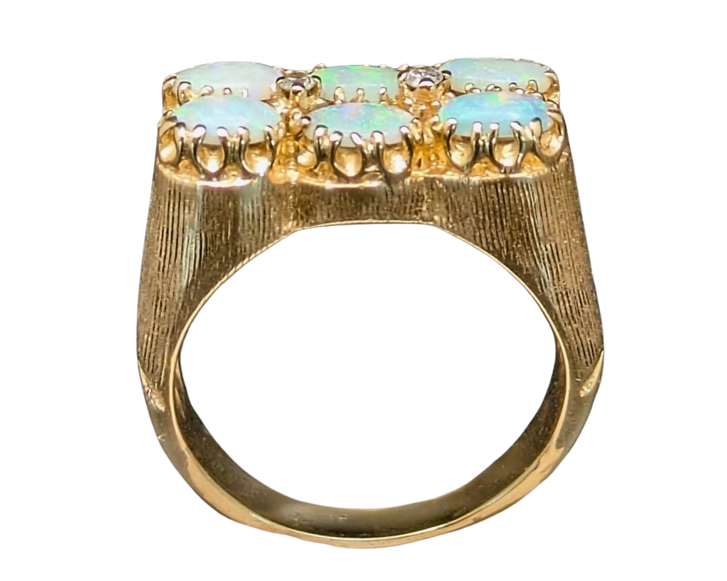 Double Row Six Opal Ring with Diamond Accents - Yellow Gold
