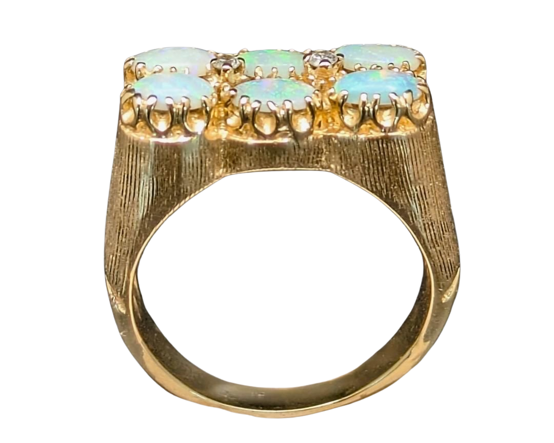 Double Row Six Opal Ring with Diamond Accents - Yellow Gold