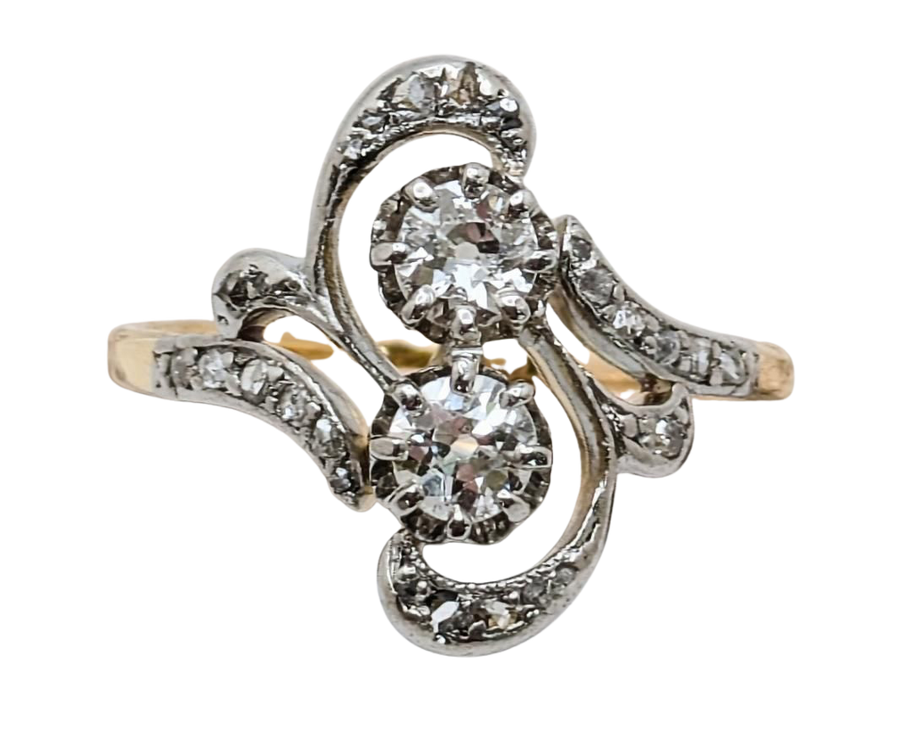 Victorian Swirl Design Twin Diamond Ring with Rose Cut Accents - Two Tone