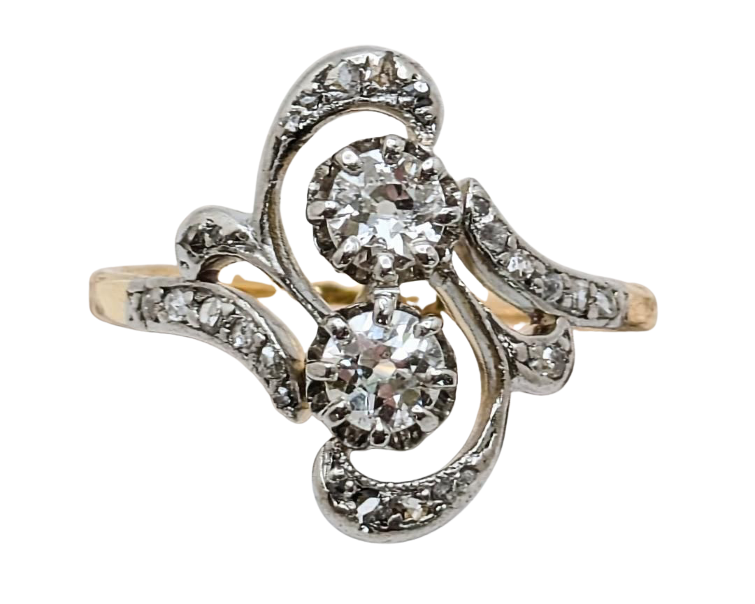 Victorian Swirl Design Twin Diamond Ring with Rose Cut Accents - Two Tone