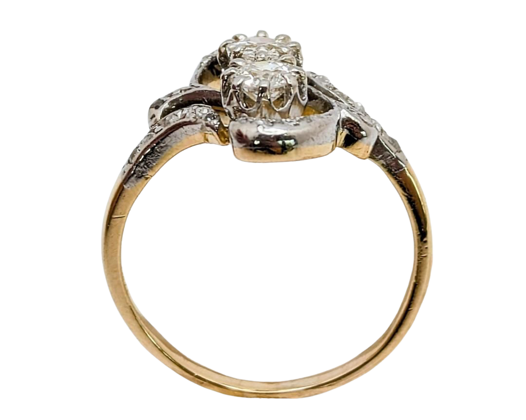 Victorian Swirl Design Twin Diamond Ring with Rose Cut Accents - Two Tone