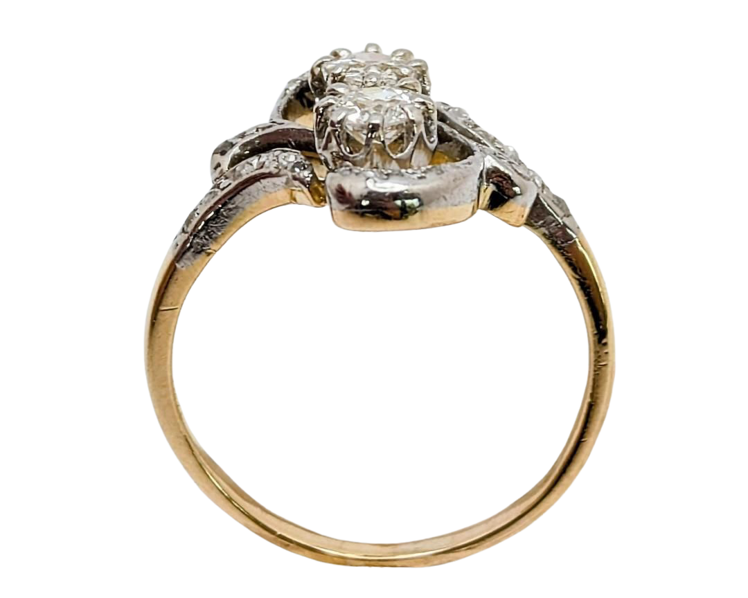 Victorian Swirl Design Twin Diamond Ring with Rose Cut Accents - Two Tone