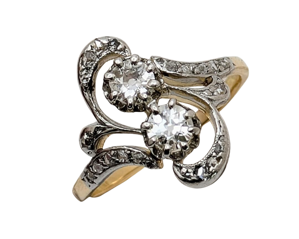 Victorian Swirl Design Twin Diamond Ring with Rose Cut Accents - Two Tone