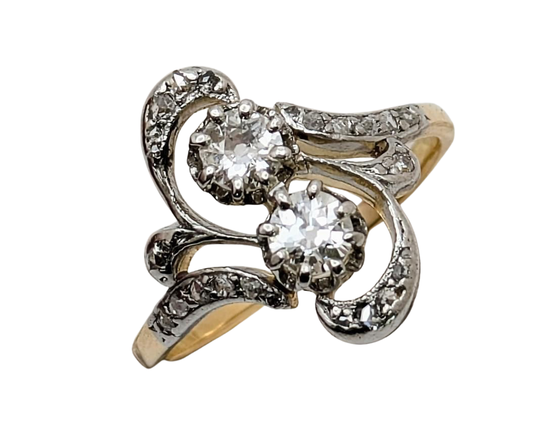Victorian Swirl Design Twin Diamond Ring with Rose Cut Accents - Two Tone