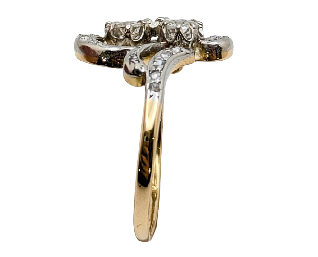 Victorian Swirl Design Twin Diamond Ring with Rose Cut Accents - Two Tone