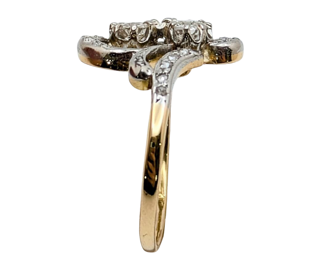 Victorian Swirl Design Twin Diamond Ring with Rose Cut Accents - Two Tone