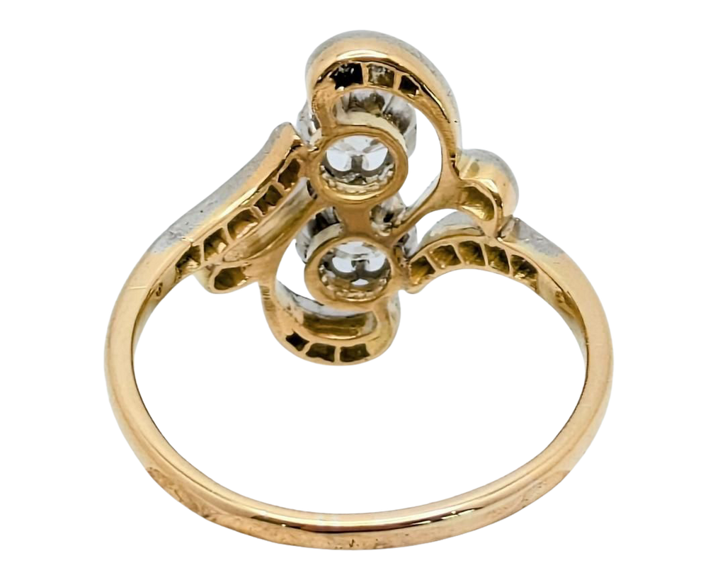 Victorian Swirl Design Twin Diamond Ring with Rose Cut Accents - Two Tone