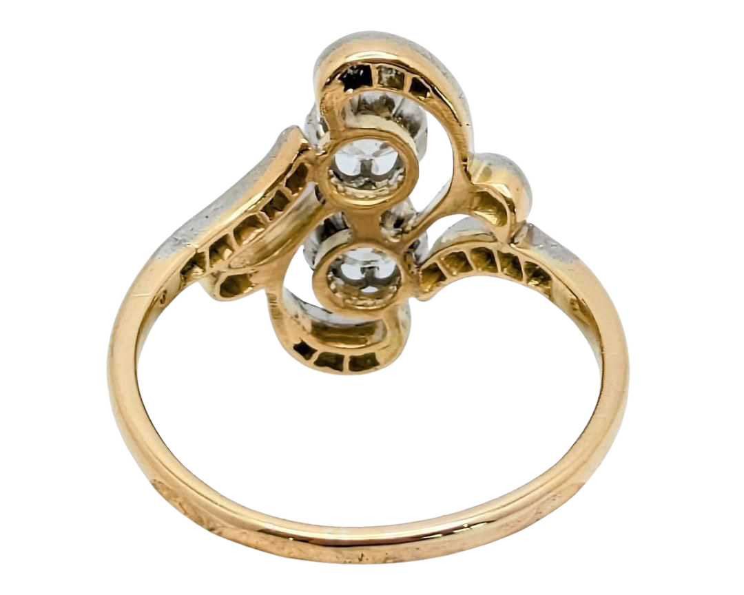 Victorian Swirl Design Twin Diamond Ring with Rose Cut Accents - Two Tone