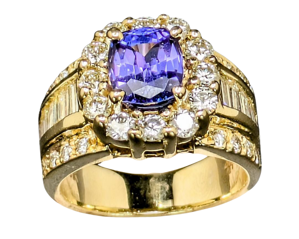 Tanzanite and Diamond Halo Ring with Diamond Accented Shank - Yellow Gold