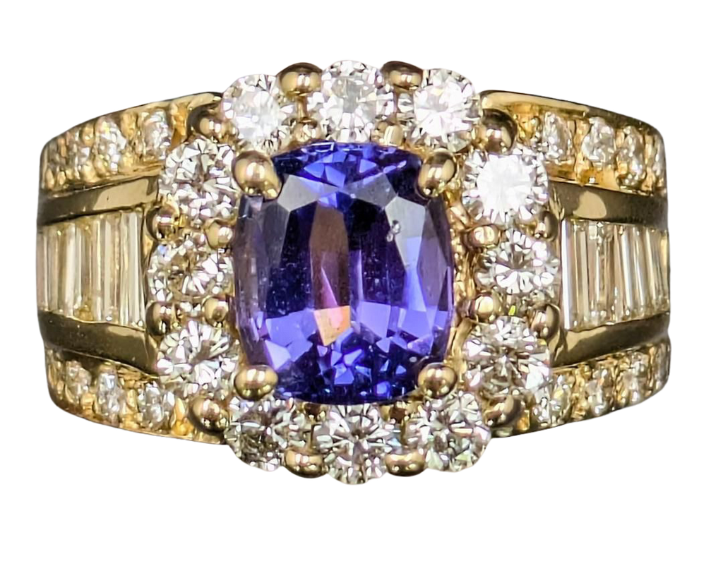 Tanzanite and Diamond Halo Ring with Diamond Accented Shank - Yellow Gold
