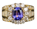 Tanzanite and Diamond Halo Ring with Diamond Accented Shank - Yellow Gold