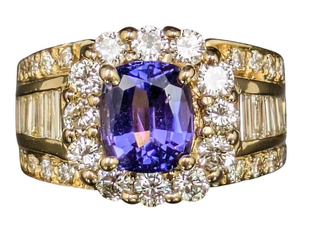 Tanzanite and Diamond Halo Ring with Diamond Accented Shank - Yellow Gold
