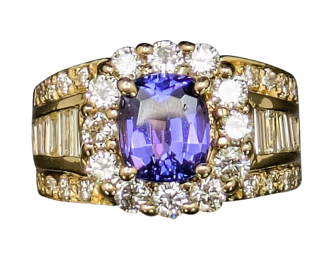 Tanzanite and Diamond Halo Ring with Diamond Accented Shank - Yellow Gold