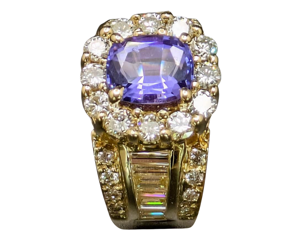 Tanzanite and Diamond Halo Ring with Diamond Accented Shank - Yellow Gold