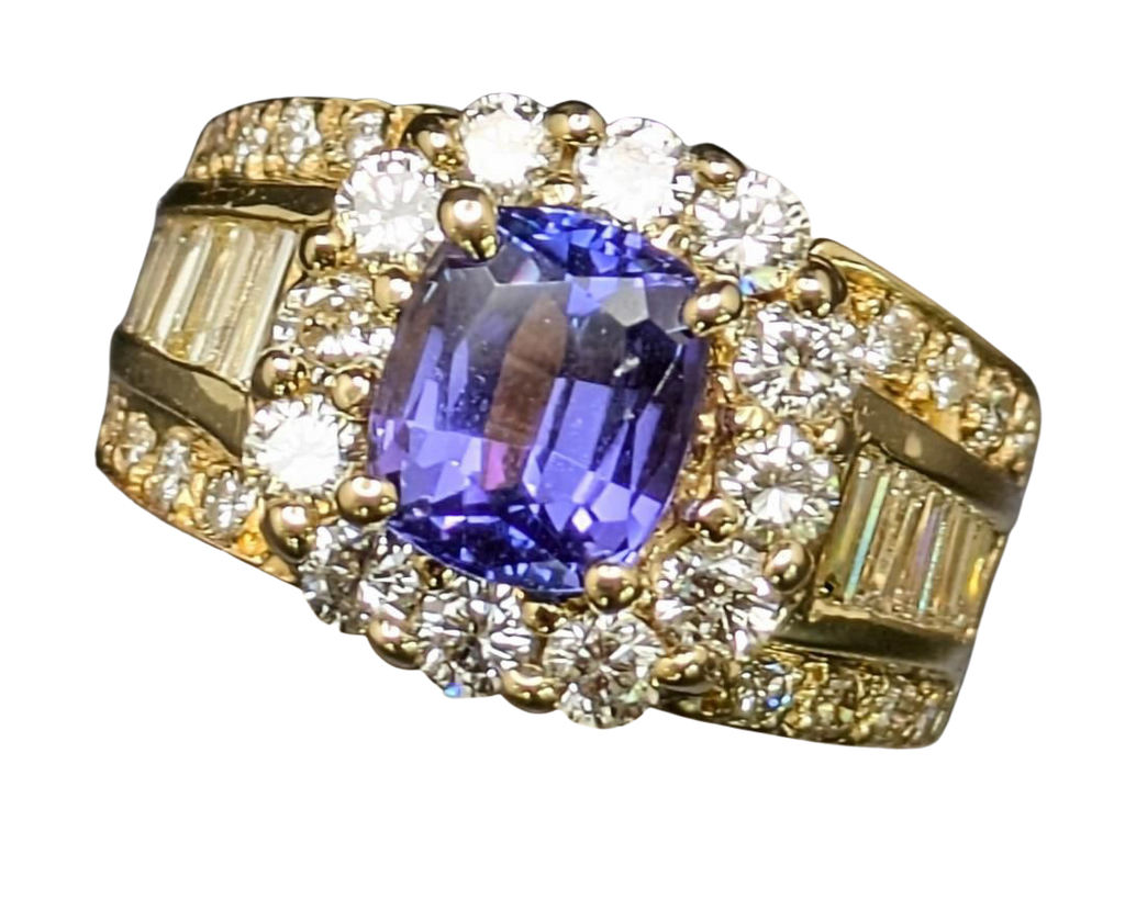 Tanzanite and Diamond Halo Ring with Diamond Accented Shank - Yellow Gold