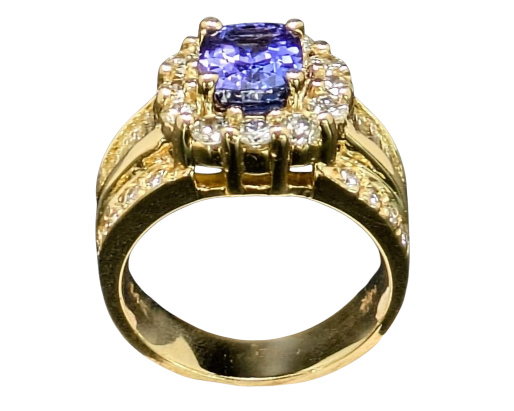 Tanzanite and Diamond Halo Ring with Diamond Accented Shank - Yellow Gold