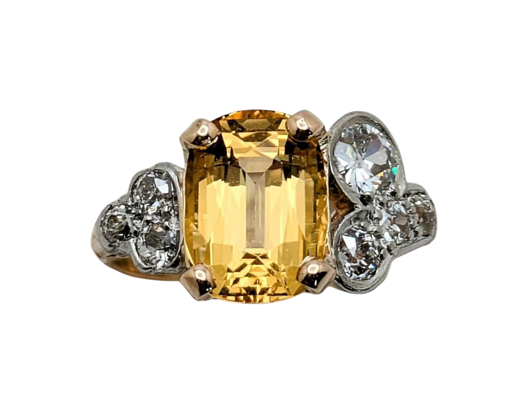 Victorian Golden Topaz Ring with Diamond Accents - Two Tone