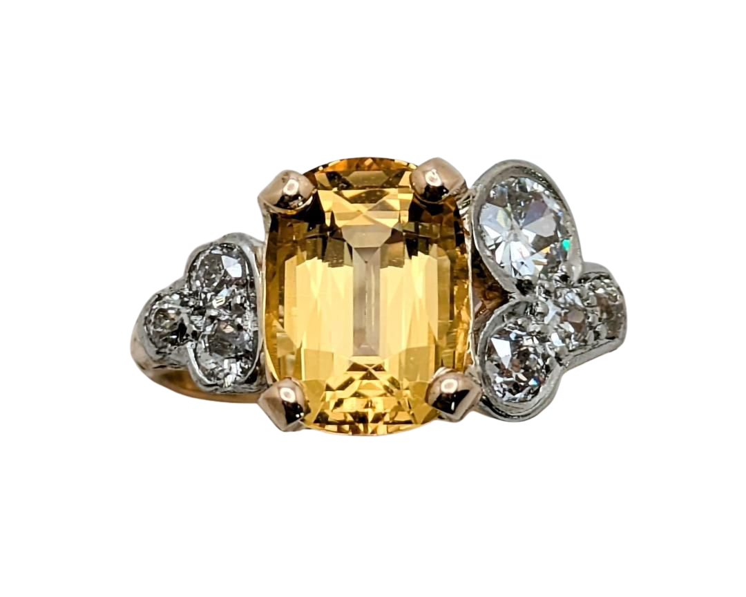 Victorian Golden Topaz Ring with Diamond Accents - Two Tone