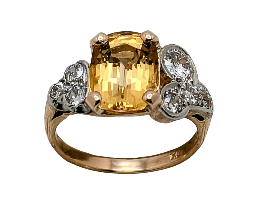 Victorian Golden Topaz Ring with Diamond Accents - Two Tone
