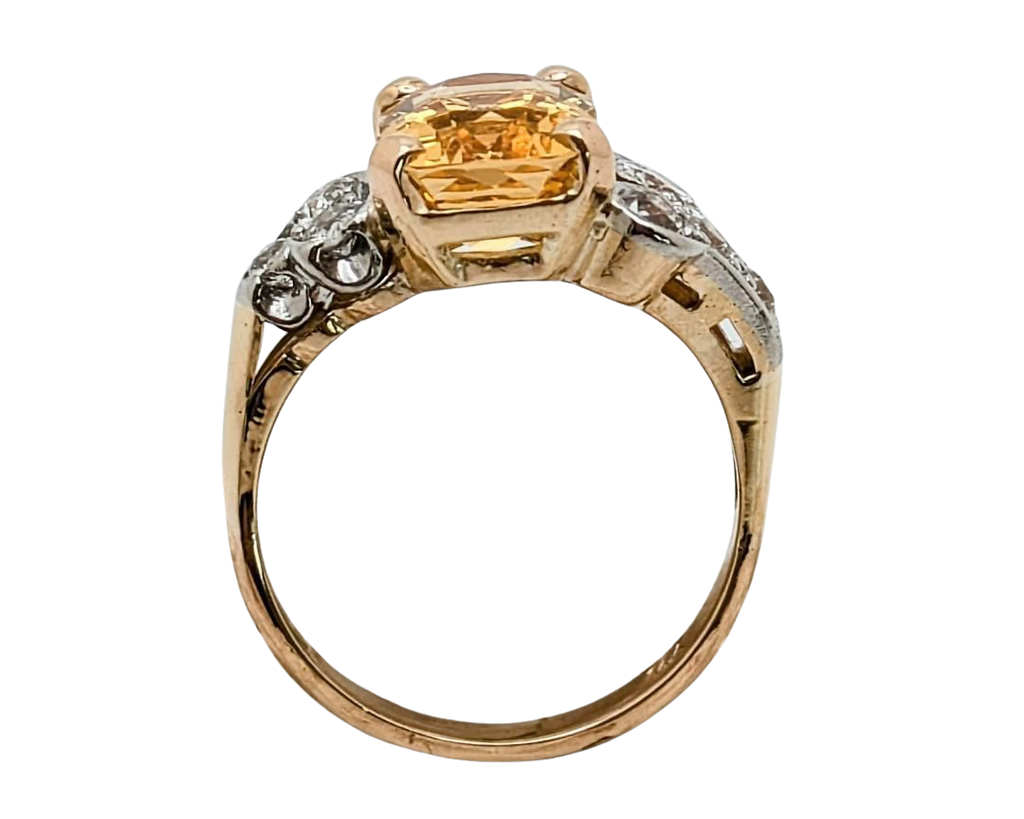 Victorian Golden Topaz Ring with Diamond Accents - Two Tone