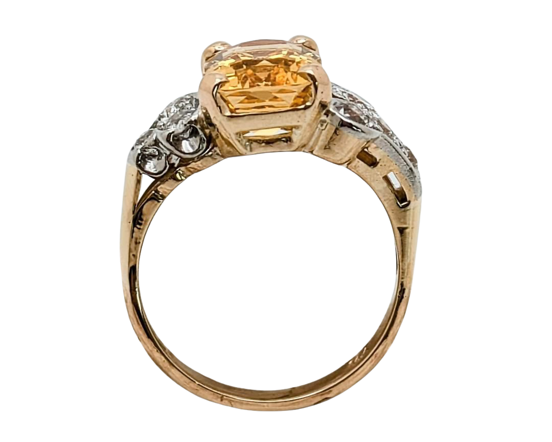 Victorian Golden Topaz Ring with Diamond Accents - Two Tone