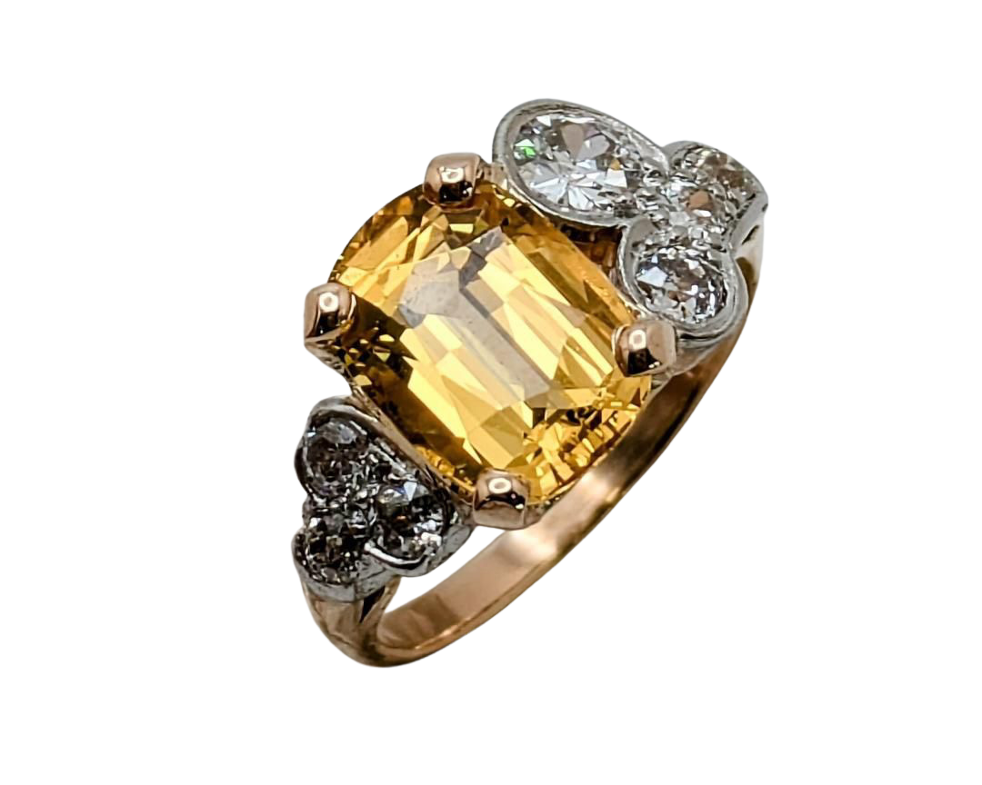 Victorian Golden Topaz Ring with Diamond Accents - Two Tone