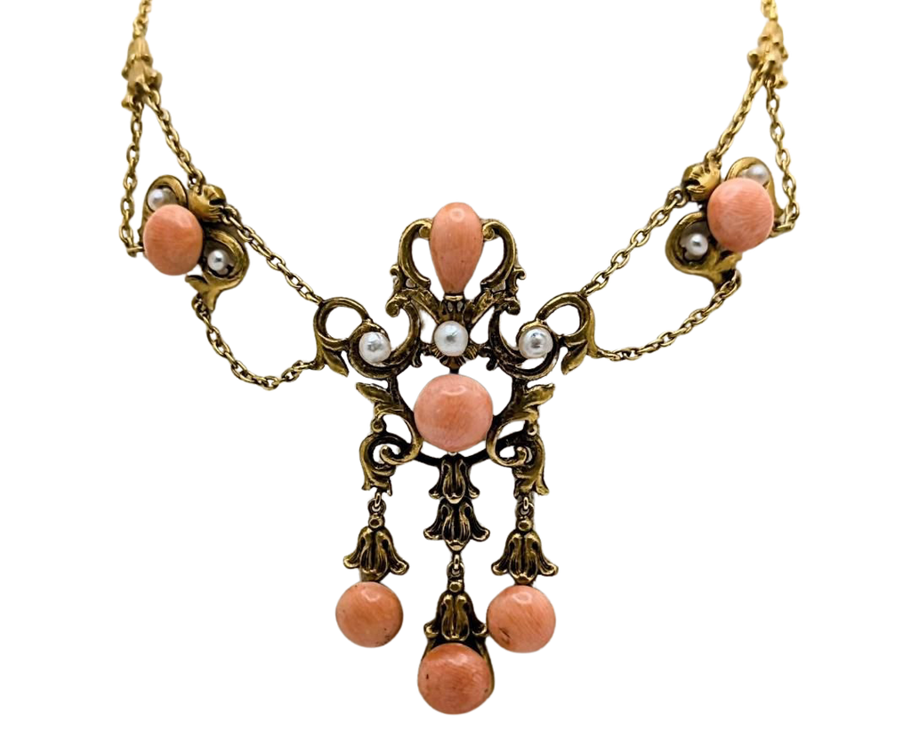 Victorian Era Swag Necklace with Coral and Pearls - Yellow Gold