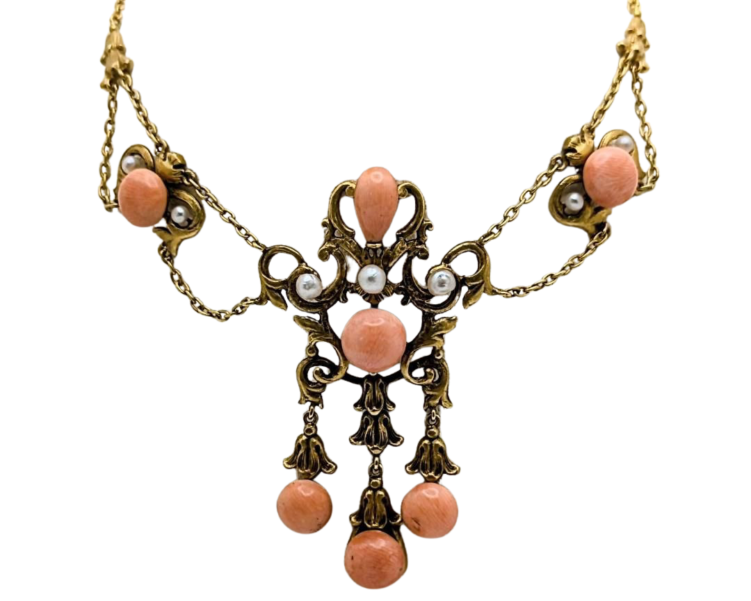 Victorian Era Swag Necklace with Coral and Pearls - Yellow Gold