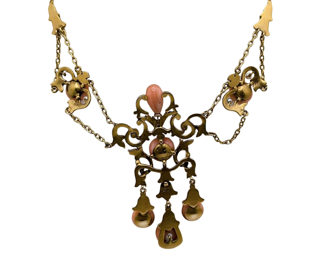 Victorian Era Swag Necklace with Coral and Pearls - Yellow Gold