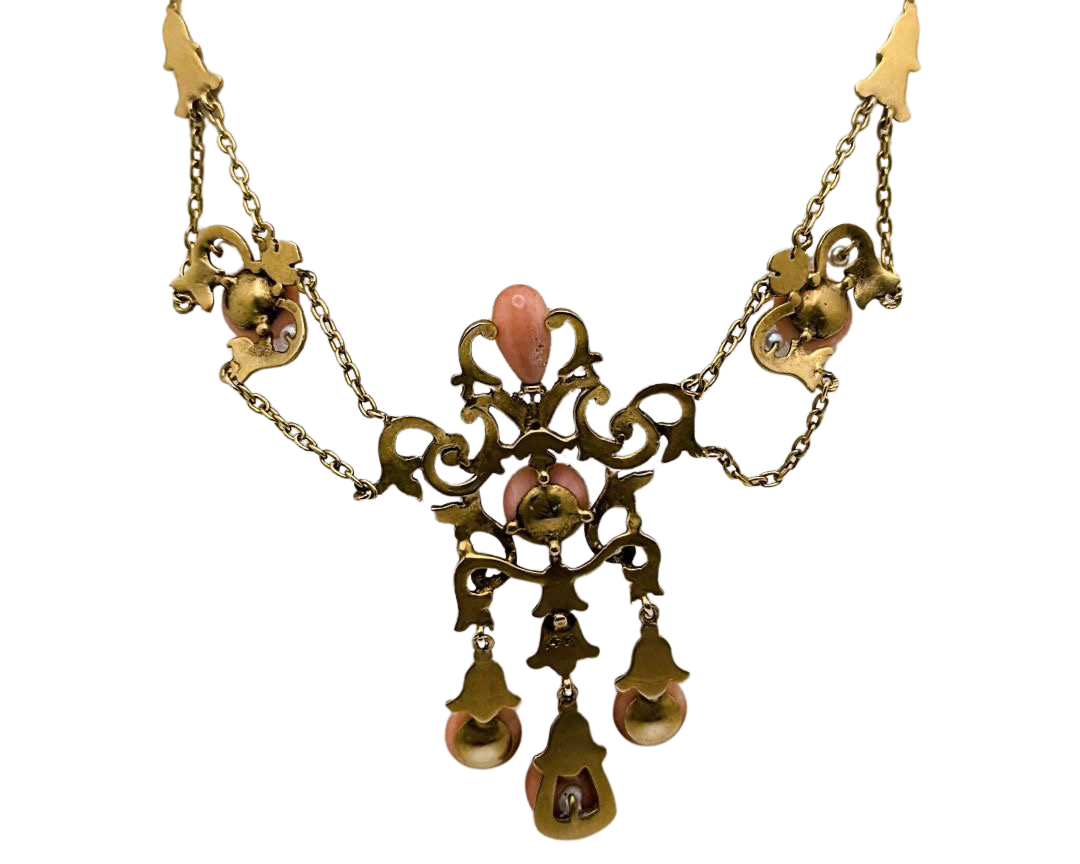 Victorian Era Swag Necklace with Coral and Pearls - Yellow Gold