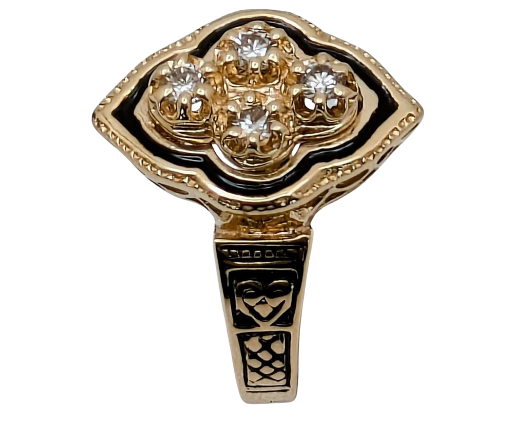 Victorian Revival Diamond Ring with Black Enamel Accents - Yellow Gold