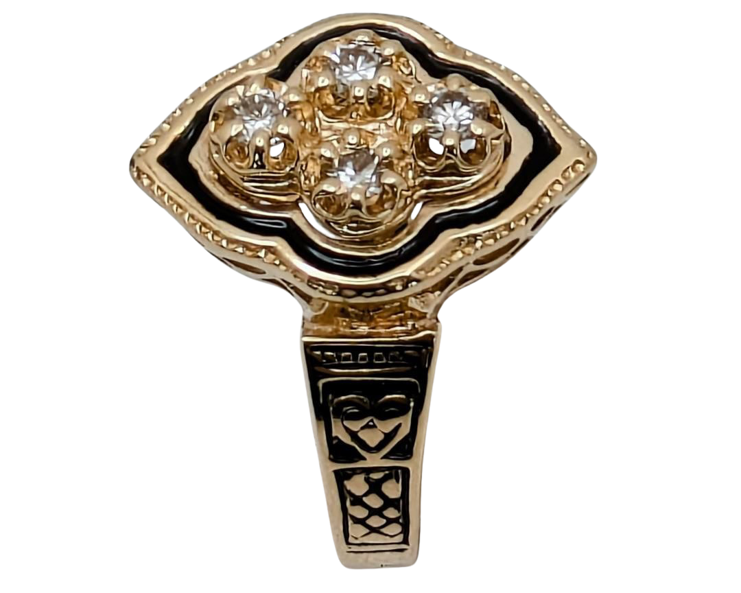 Victorian Revival Diamond Ring with Black Enamel Accents - Yellow Gold