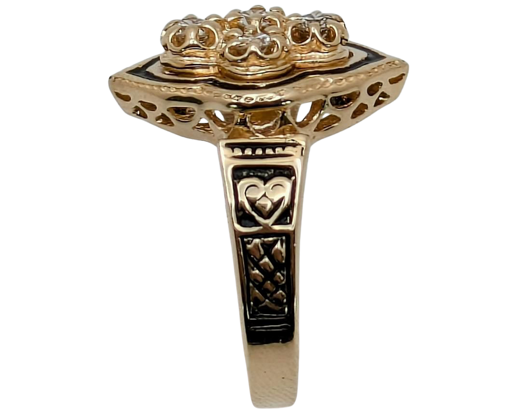 Victorian Revival Diamond Ring with Black Enamel Accents - Yellow Gold