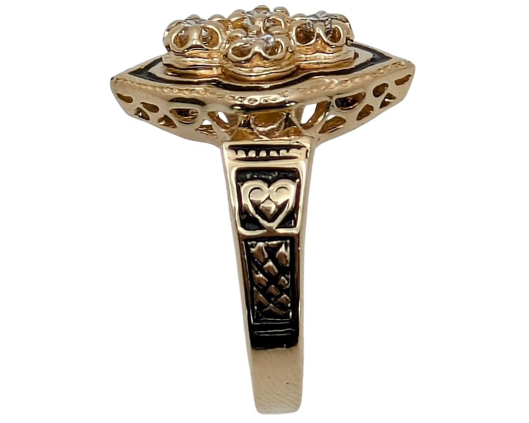 Victorian Revival Diamond Ring with Black Enamel Accents - Yellow Gold